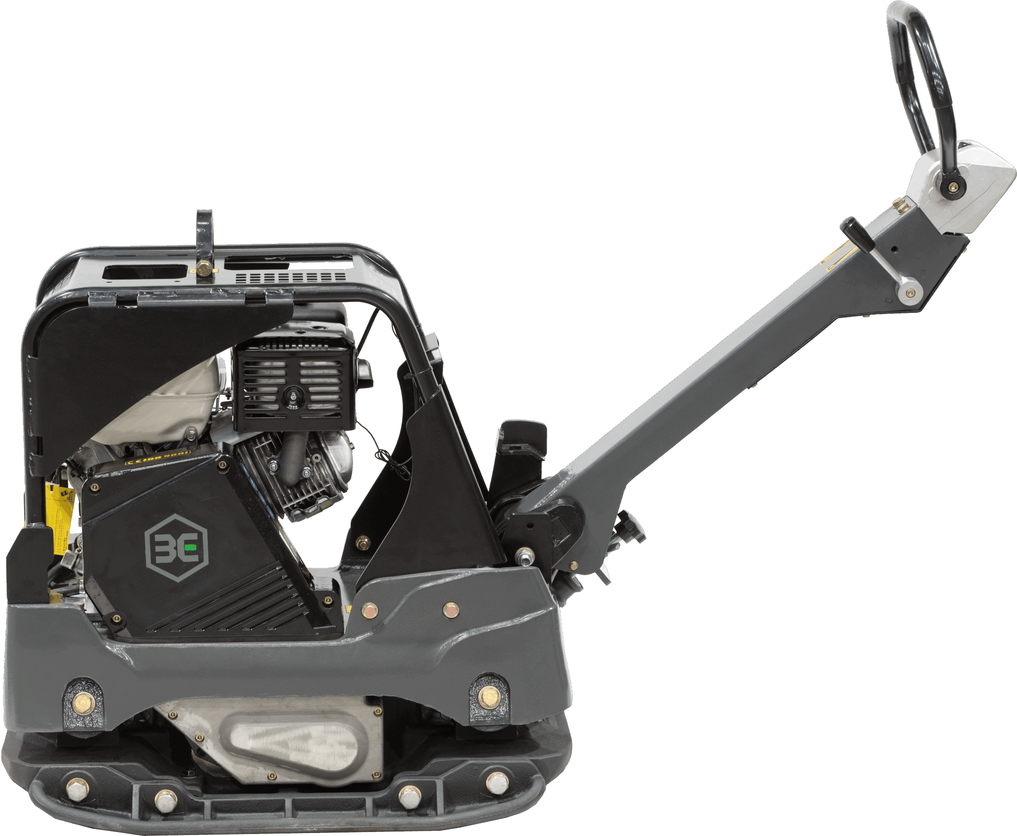 A direct side profile of the 735lb Third Coast Equipment plate compactor highlighting the high-capacity ductile iron base and the robust shock-mounted handle assembly designed to minimize hand-arm vibration.