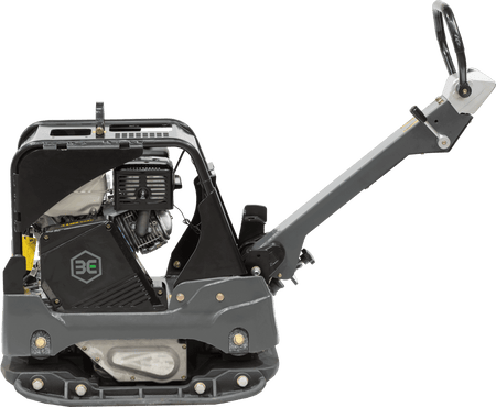 A direct side profile of the 735lb Third Coast Equipment plate compactor highlighting the high-capacity ductile iron base and the robust shock-mounted handle assembly designed to minimize hand-arm vibration.