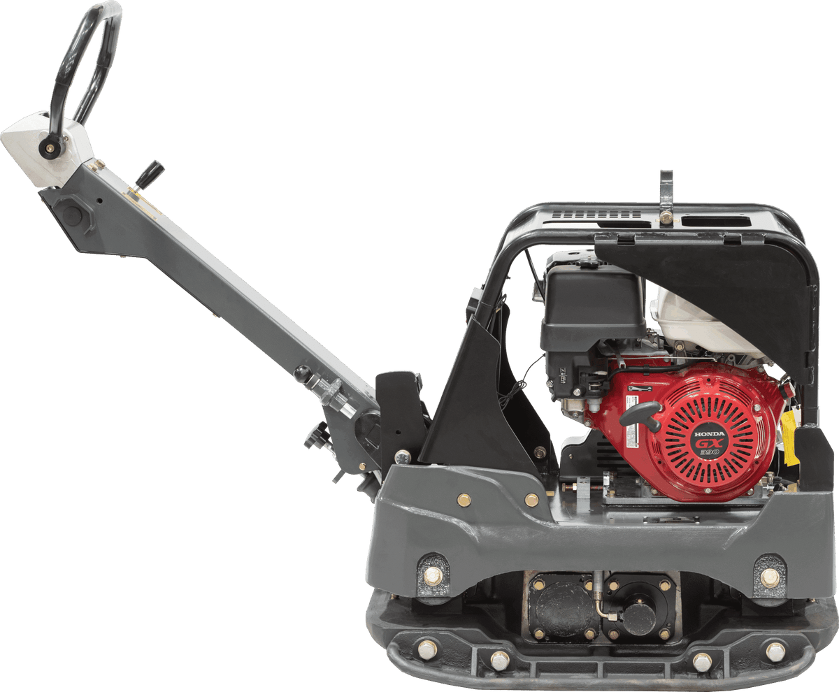 The alternative side profile of the RP700 vibratory tamper showcasing the protective steel shielding over the drive system and the heavy-duty vertical housing built for high-impact centrifugal force.