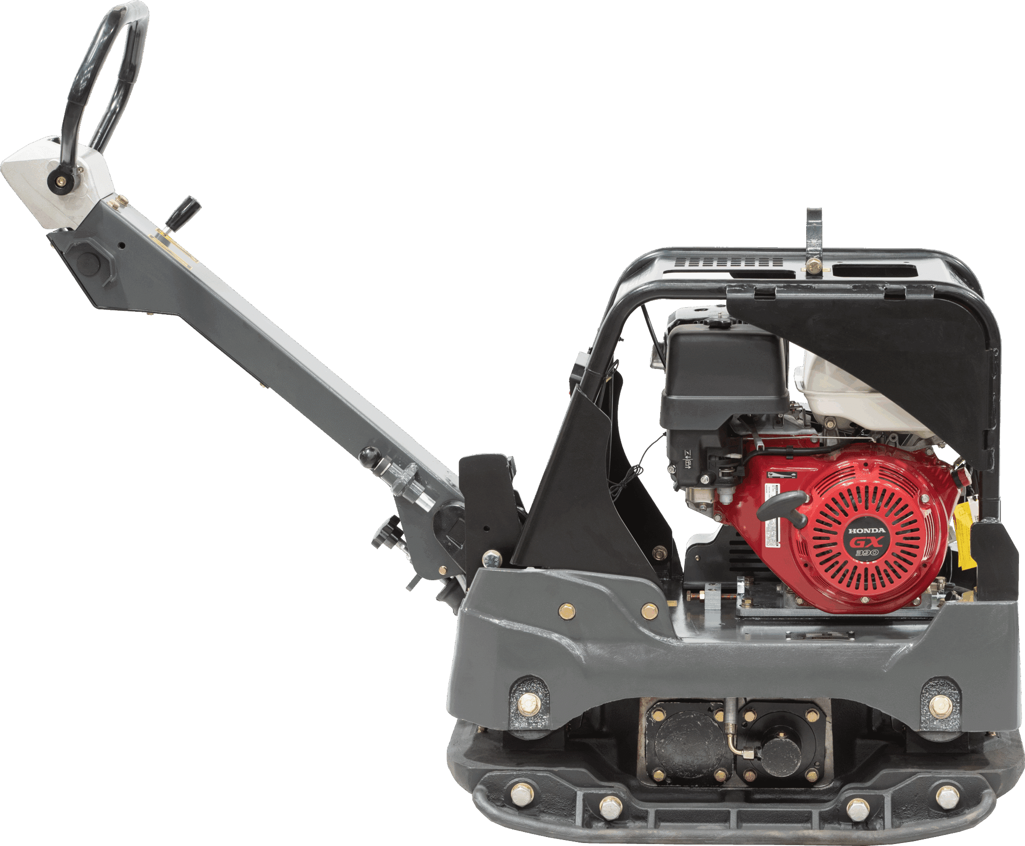 The alternative side profile of the RP700 vibratory tamper showcasing the protective steel shielding over the drive system and the heavy-duty vertical housing built for high-impact centrifugal force.