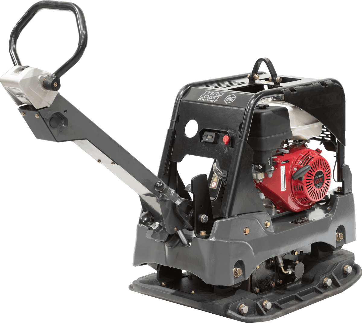 A rear angled shot of the Third Coast Equipment reversible compactor emphasizing the rugged protective roll cage, accessible engine maintenance points, and the industrial-grade components designed for deep-cycle paving and earthwork.