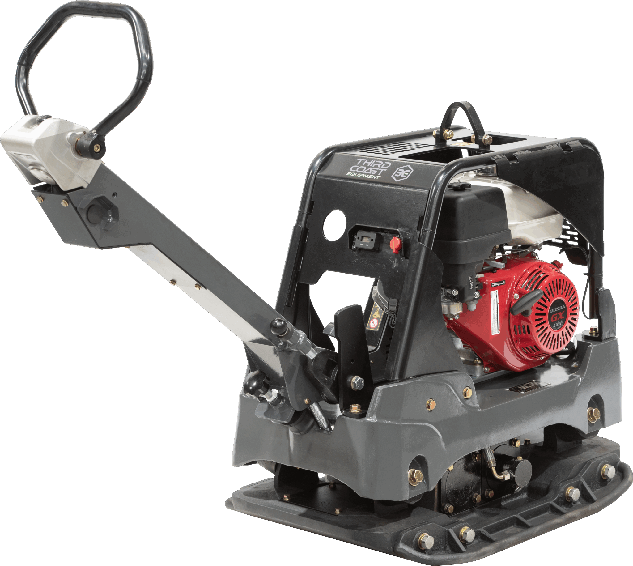 A rear angled shot of the Third Coast Equipment reversible compactor emphasizing the rugged protective roll cage, accessible engine maintenance points, and the industrial-grade components designed for deep-cycle paving and earthwork.