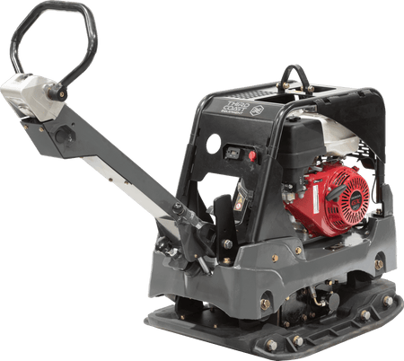 A rear angled shot of the Third Coast Equipment reversible compactor emphasizing the rugged protective roll cage, accessible engine maintenance points, and the industrial-grade components designed for deep-cycle paving and earthwork.