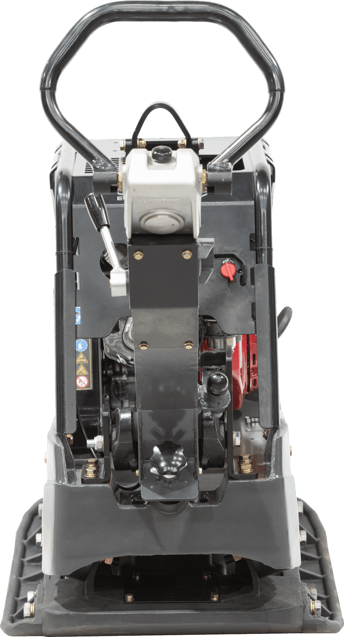 A direct rear view of the RP700 plate compactor showing the streamlined balance of the machine and the adjustable hydrostatic speed control lever for precise forward and reverse maneuverability.