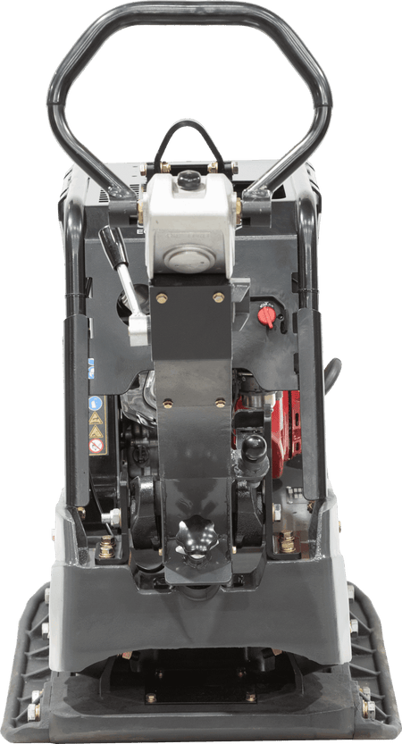 A direct rear view of the RP700 plate compactor showing the streamlined balance of the machine and the adjustable hydrostatic speed control lever for precise forward and reverse maneuverability.
