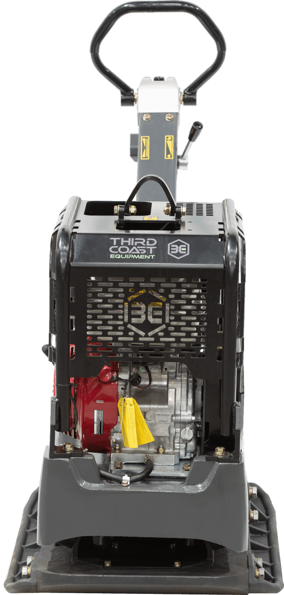 A direct front view of the Third Coast Equipment RP700 reversible compactor featuring a vented protective grill and the wide 23.6 inch ductile cast iron base optimized for maximum compaction efficiency.