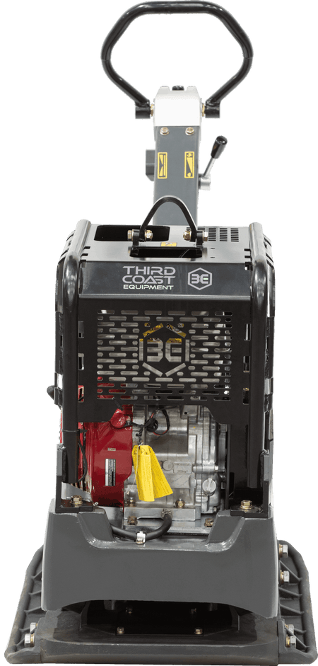 A direct front view of the Third Coast Equipment RP700 reversible compactor featuring a vented protective grill and the wide 23.6 inch ductile cast iron base optimized for maximum compaction efficiency.