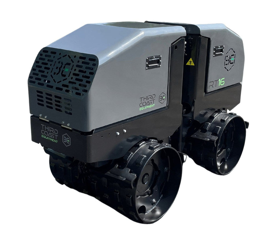 A professional studio angled view of the Third Coast Equipment RT16Y remote control trench roller featuring a rugged grey all-steel hood, expandable padfoot drums, and industrial construction for cohesive soil compaction.