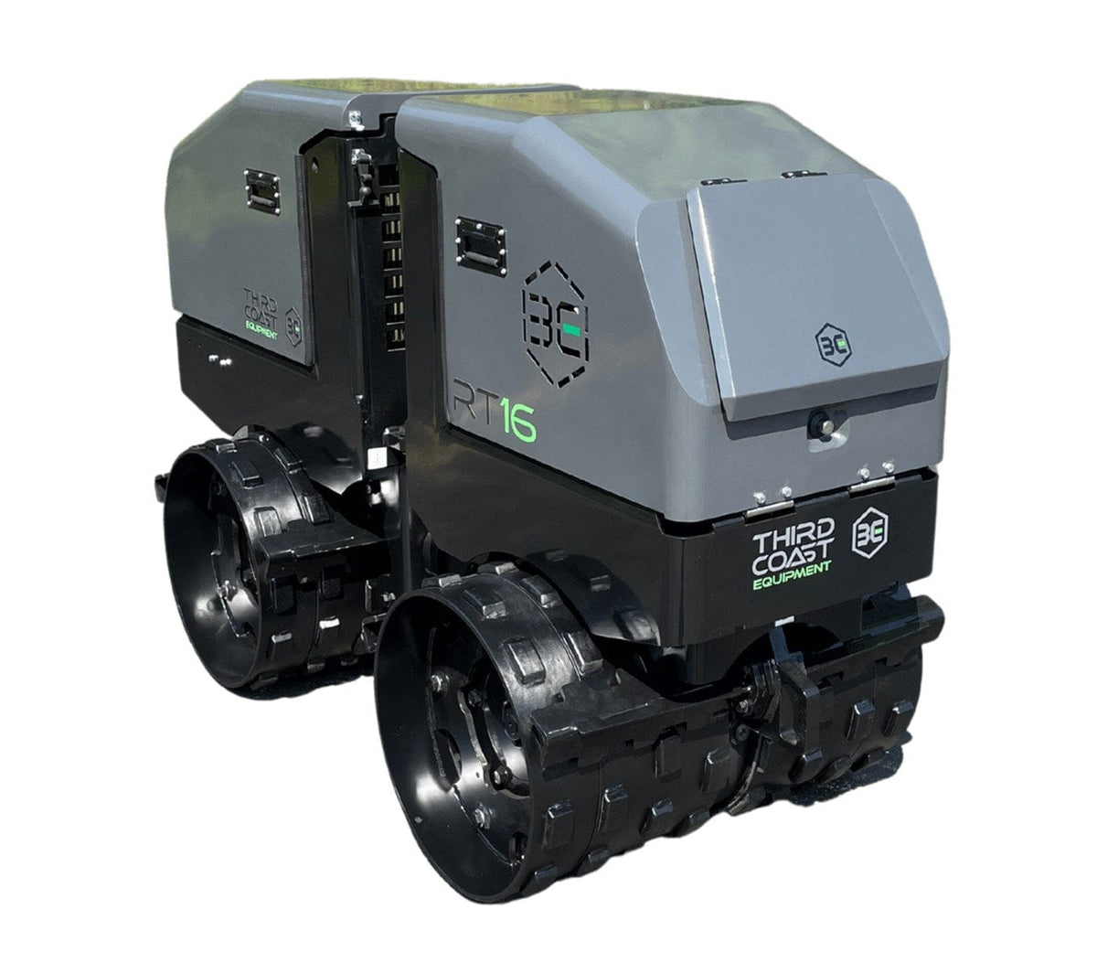 A rear angled studio shot of the RT16Y trench roller highlighting the high-visibility LED safety beacon and the accessible rear maintenance panel for the 20 HP Yanmar diesel engine.