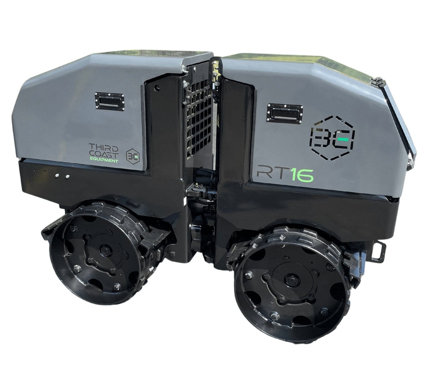 A direct side profile of the Third Coast Equipment RT16Y roller showcasing the dual padfoot drum design and the articulated steering joint for elite maneuverability in narrow utility trenches.