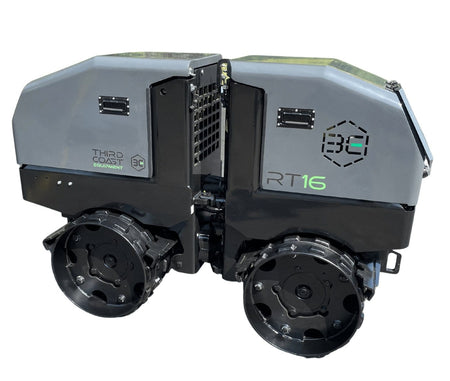 A direct side profile of the Third Coast Equipment RT16Y roller showcasing the dual padfoot drum design and the articulated steering joint for elite maneuverability in narrow utility trenches.