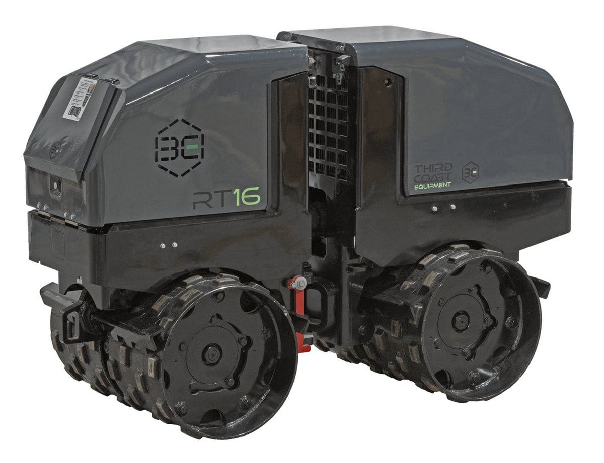 A front angled studio shot of the 4,035 lb remote-controlled compactor emphasizing the heavy-duty steel hood protection and the integrated lifting points for easy placement into deep excavations.