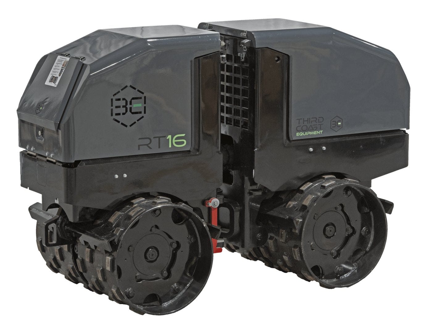 A front angled studio shot of the 4,035 lb remote-controlled compactor emphasizing the heavy-duty steel hood protection and the integrated lifting points for easy placement into deep excavations.