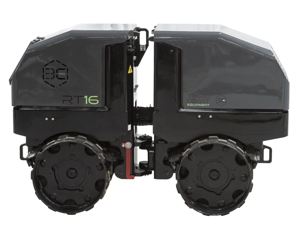 The alternative side profile of the RT16Y trench roller highlighting the high-strength vertical frame and the 0.4 inch thick steel padfoot drums designed for 15,300 lbf of centrifugal force.