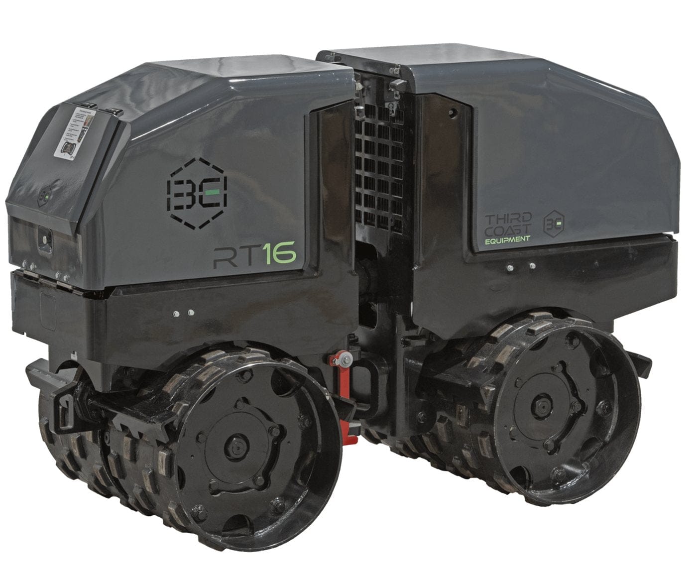 An angled studio view of the Third Coast Equipment RT16Y compactor with the padfoot drums in the wide configuration, optimized for 36 inch trench width applications.