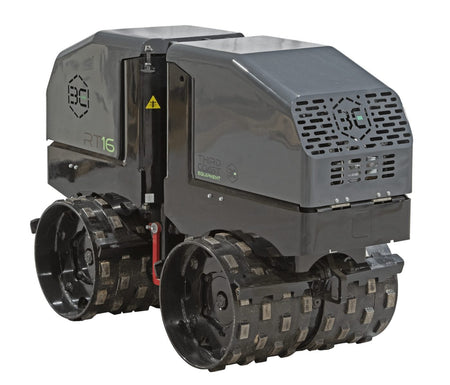 A direct front view of the RT16Y remote control roller featuring a vented protective grill and a high-clearance design for navigating difficult terrain and steep 50% grades.