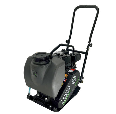 A high-angle studio shot of the Third Coast Equipment SP140H single direction plate compactor featuring a heavy-duty ductile cast iron base, a professional-grade Honda GX160 engine, and a front-mounted removable water tank for asphalt and soil compaction.