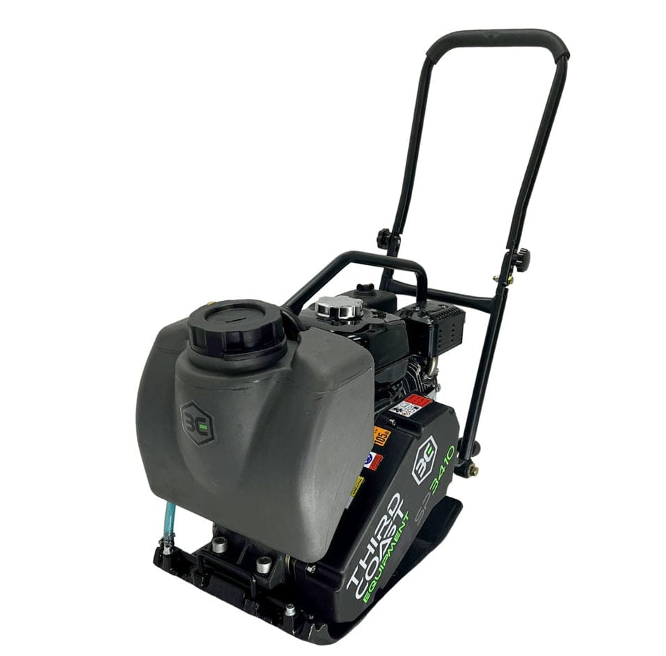 A high-angle studio shot of the Third Coast Equipment SP140H single direction plate compactor featuring a heavy-duty ductile cast iron base, a professional-grade Honda GX160 engine, and a front-mounted removable water tank for asphalt and soil compaction.