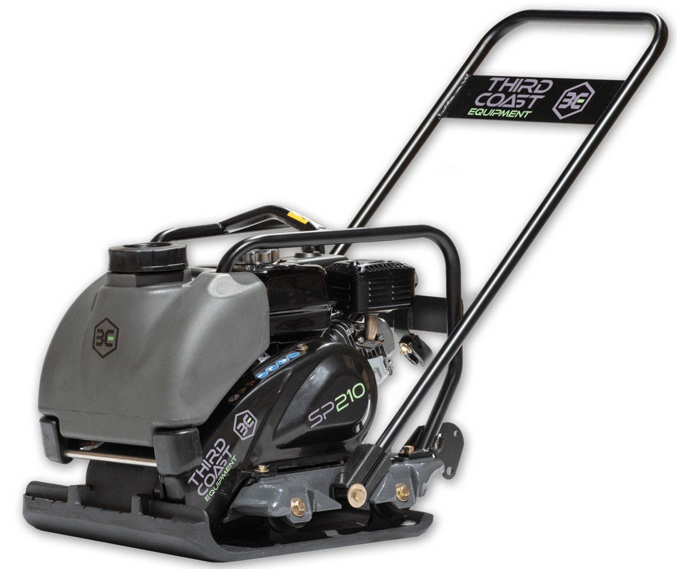 A professional studio profile shot of the Third Coast Equipment SP210H single direction plate compactor featuring a heavy-duty 19.7 inch ductile cast iron base, a commercial-grade Honda GX160 engine, and a front-mounted removable water tank for dust suppression and asphalt finishing.
