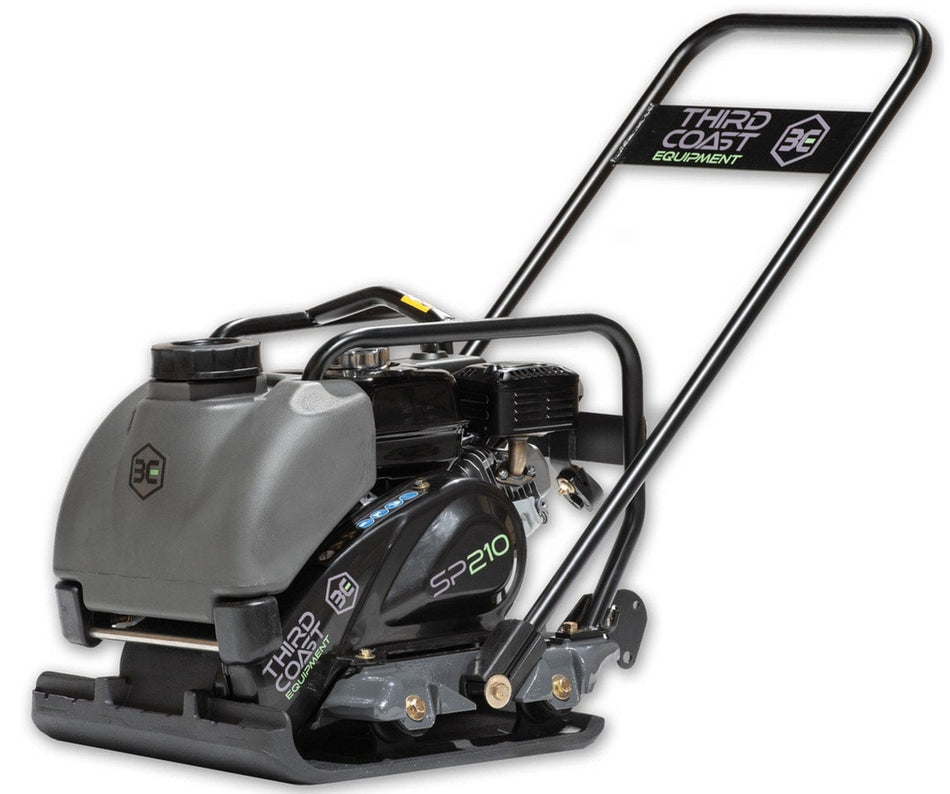 A professional studio profile shot of the Third Coast Equipment SP210H single direction plate compactor featuring a heavy-duty 19.7 inch ductile cast iron base, a commercial-grade Honda GX160 engine, and a front-mounted removable water tank for dust suppression and asphalt finishing.