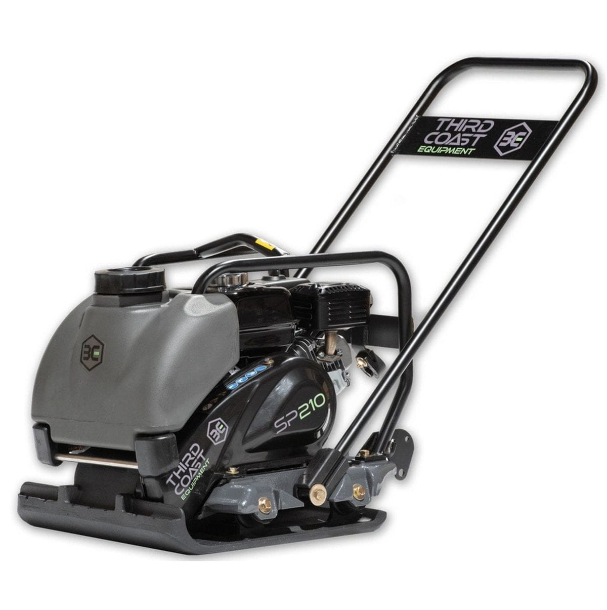 A professional studio profile shot of the Third Coast Equipment SP210H single direction plate compactor featuring a heavy-duty 19.7 inch ductile cast iron base, a commercial-grade Honda GX160 engine, and a front-mounted removable water tank for dust suppression and asphalt finishing.