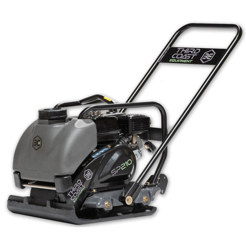 A professional studio profile shot of the Third Coast Equipment SP210H single direction plate compactor featuring a heavy-duty 19.7 inch ductile cast iron base, a commercial-grade Honda GX160 engine, and a front-mounted removable water tank for dust suppression and asphalt finishing.