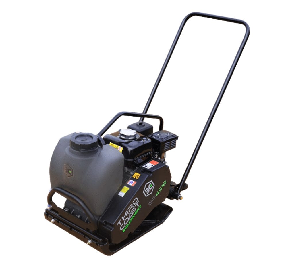 A Third Coast Equipment SP250H single direction plate compactor with a Honda GX160 engine, featuring a black ductile cast iron base and a front-mounted removable water tank for asphalt work.