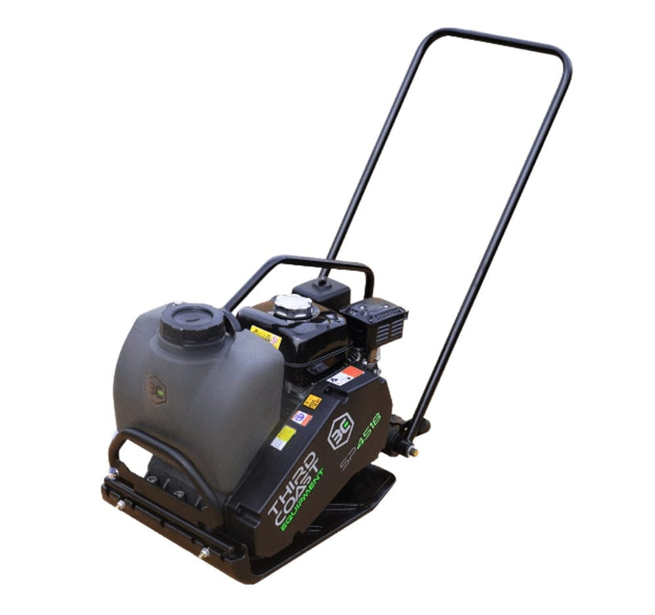 A Third Coast Equipment SP250H single direction plate compactor with a Honda GX160 engine, featuring a black ductile cast iron base and a front-mounted removable water tank for asphalt work.