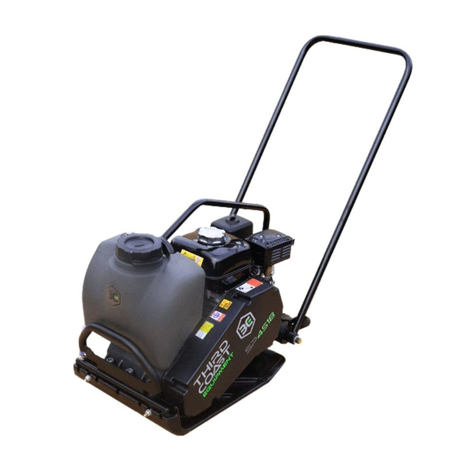 A Third Coast Equipment SP250H single direction plate compactor with a Honda GX160 engine, featuring a black ductile cast iron base and a front-mounted removable water tank for asphalt work.