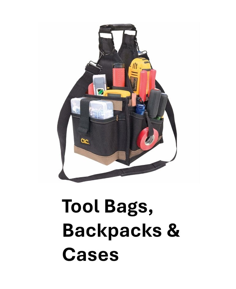 A CLC tool back full of various tools and accessories on a whit background with the text "Tool Bags, Backpacks & Cases".