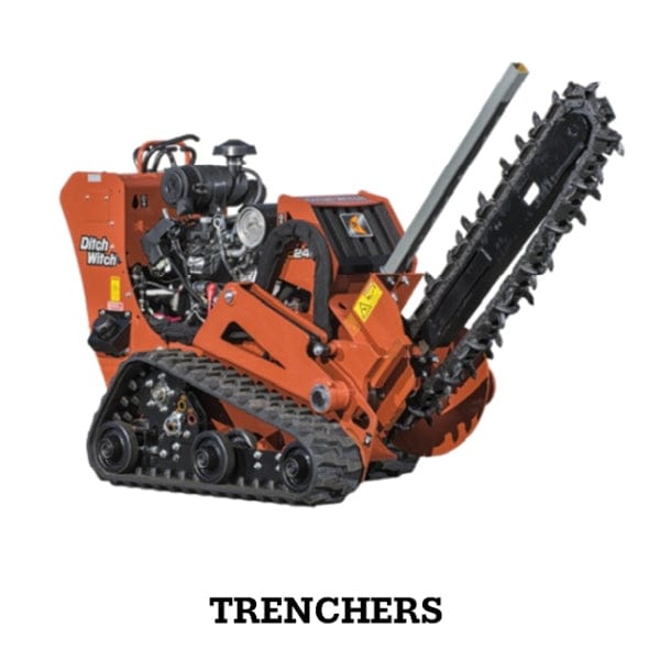 Orange trenching machine with tracks on a white background, featuring the brand 'Ditch Witch'.