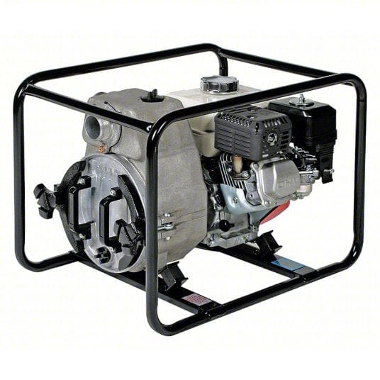 Portable Tsurumi EPT3-50HA trash pump housed in a protective metal frame. Features include a Honda GX160 gasoline engine with visible fuel tank, air filter, and exhaust components. The pump has large inlet and outlet ports for hose connections and is designed for high-flow water transfer in construction, wastewater, and flood remediation applications.