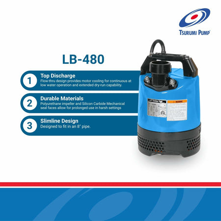 Tsurumi Pump LB-480 Submersible Dewatering Pump 2/3 HP 115V 2 in Discharge Slimline Design for construction use