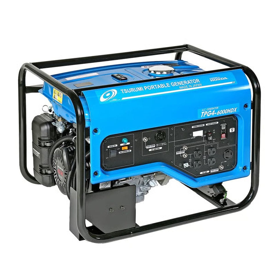 Blue portable generator with visible branding on a white background