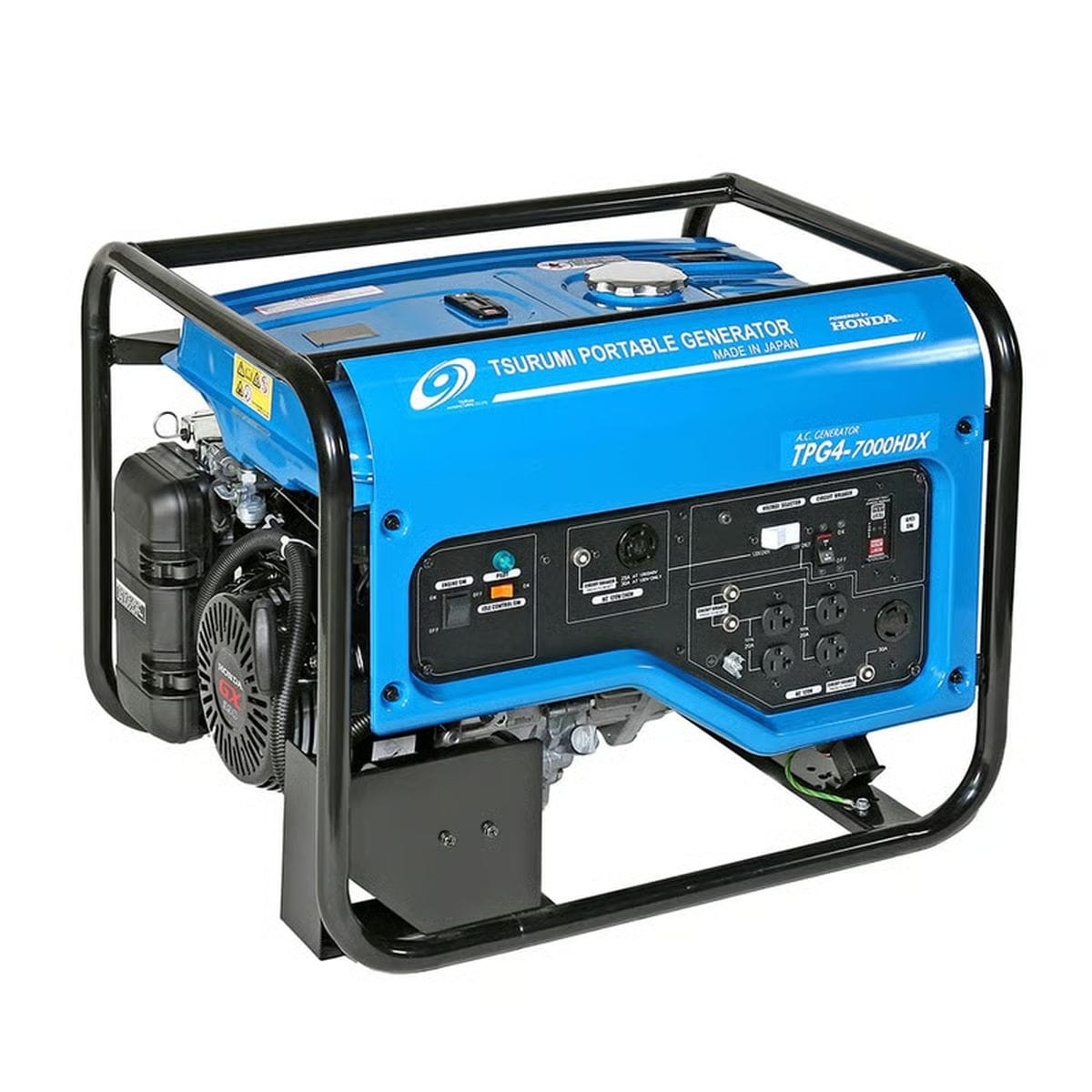 Blue portable generator with visible branding on a white background