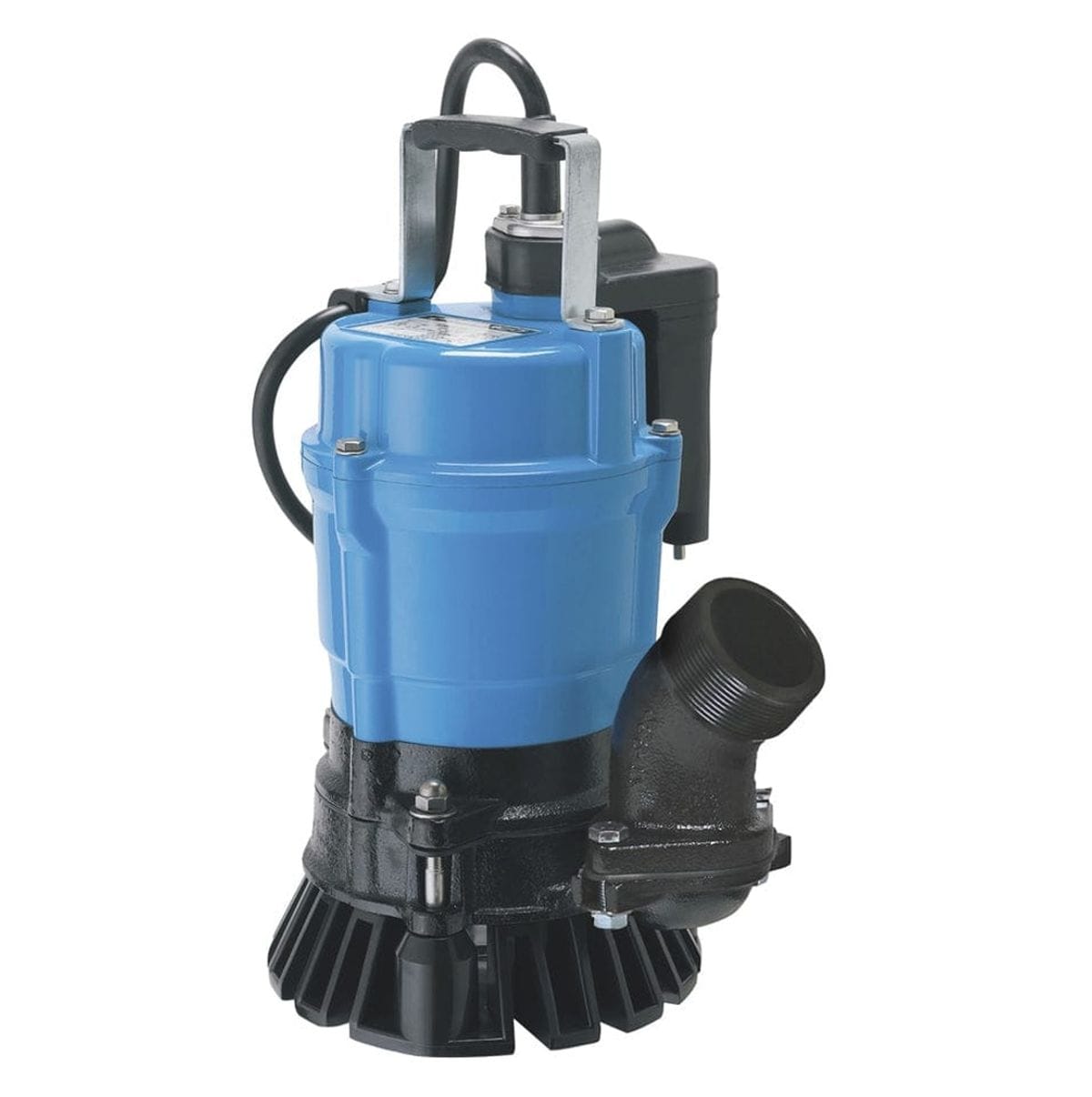 Studio view of the blue and black Tsurumi HSE2.4S electric submersible trash pump with a top carrying handle, a long power cord, and an automatic water level electrode sensor probe suspended near the base.