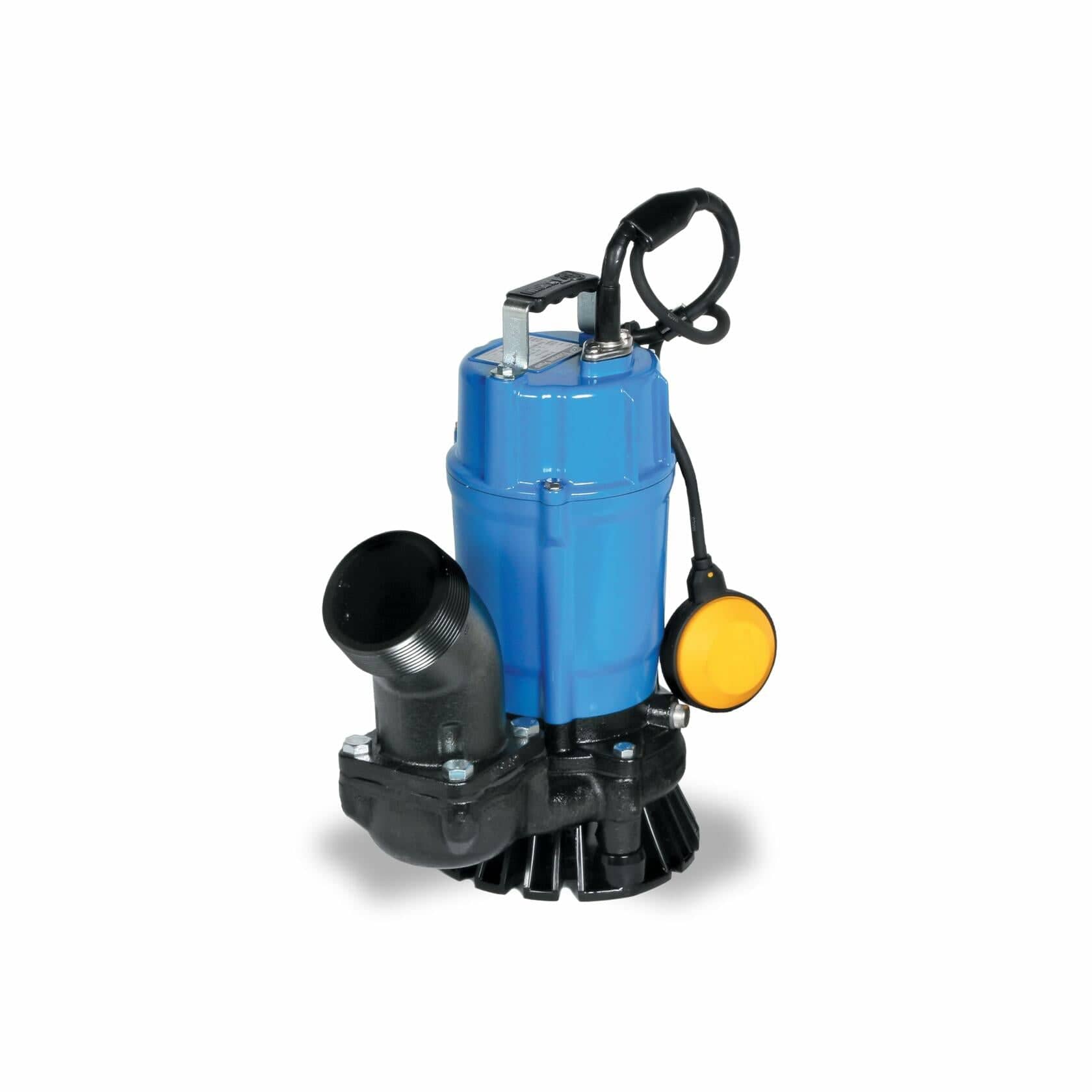 A studio image of the Tsurumi HSZ3.75S automatic submersible trash pump with its 3-inch discharge and yellow float switch, against a white background.