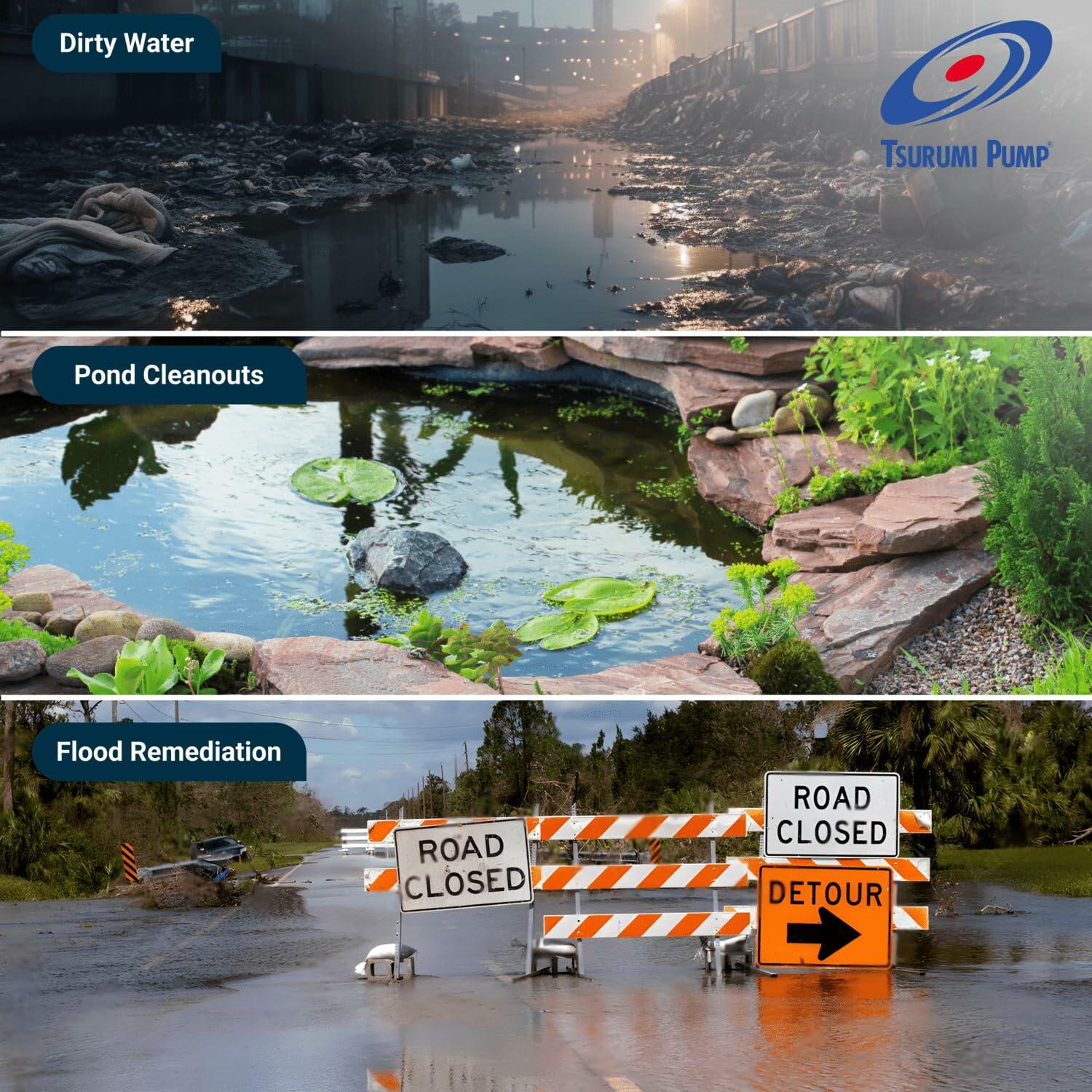 A collage showing the pump's applications: removing dirty water from a job site, performing pond cleanouts, and flood remediation on a flooded road.