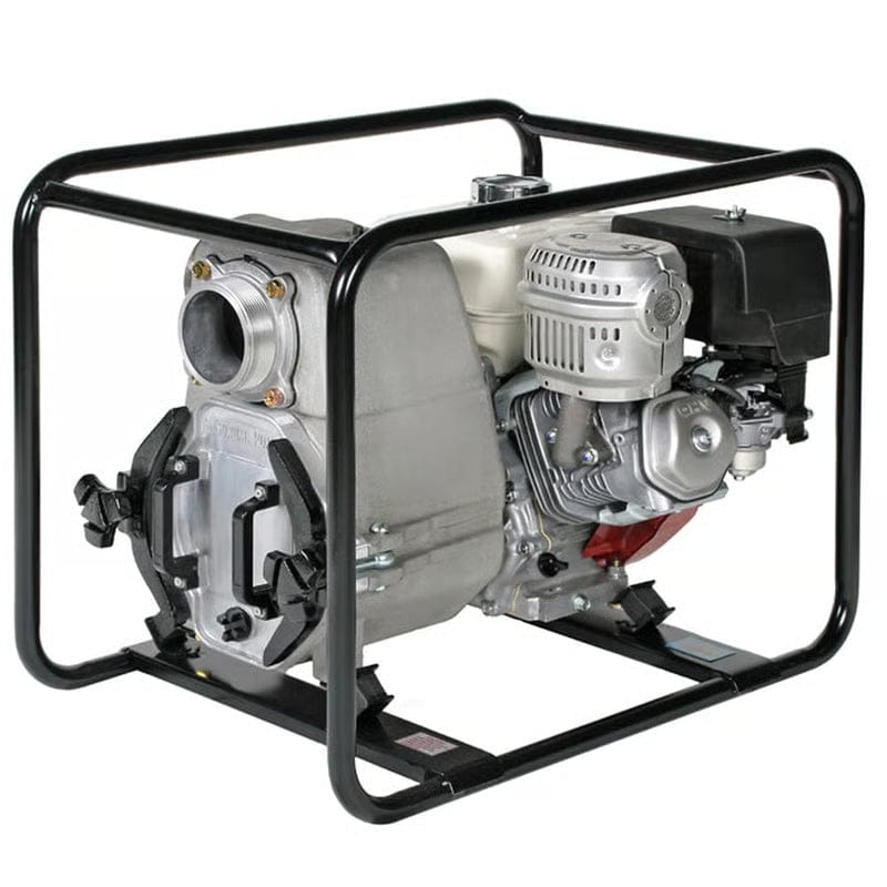 A studio image of the Tsurumi EPT3-100HA trash pump, showing the 4-inch pump housing connected to the Honda engine, all mounted within a black protective roll cage frame.