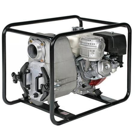 A studio image of the Tsurumi EPT3-100HA trash pump, showing the 4-inch pump housing connected to the Honda engine, all mounted within a black protective roll cage frame.