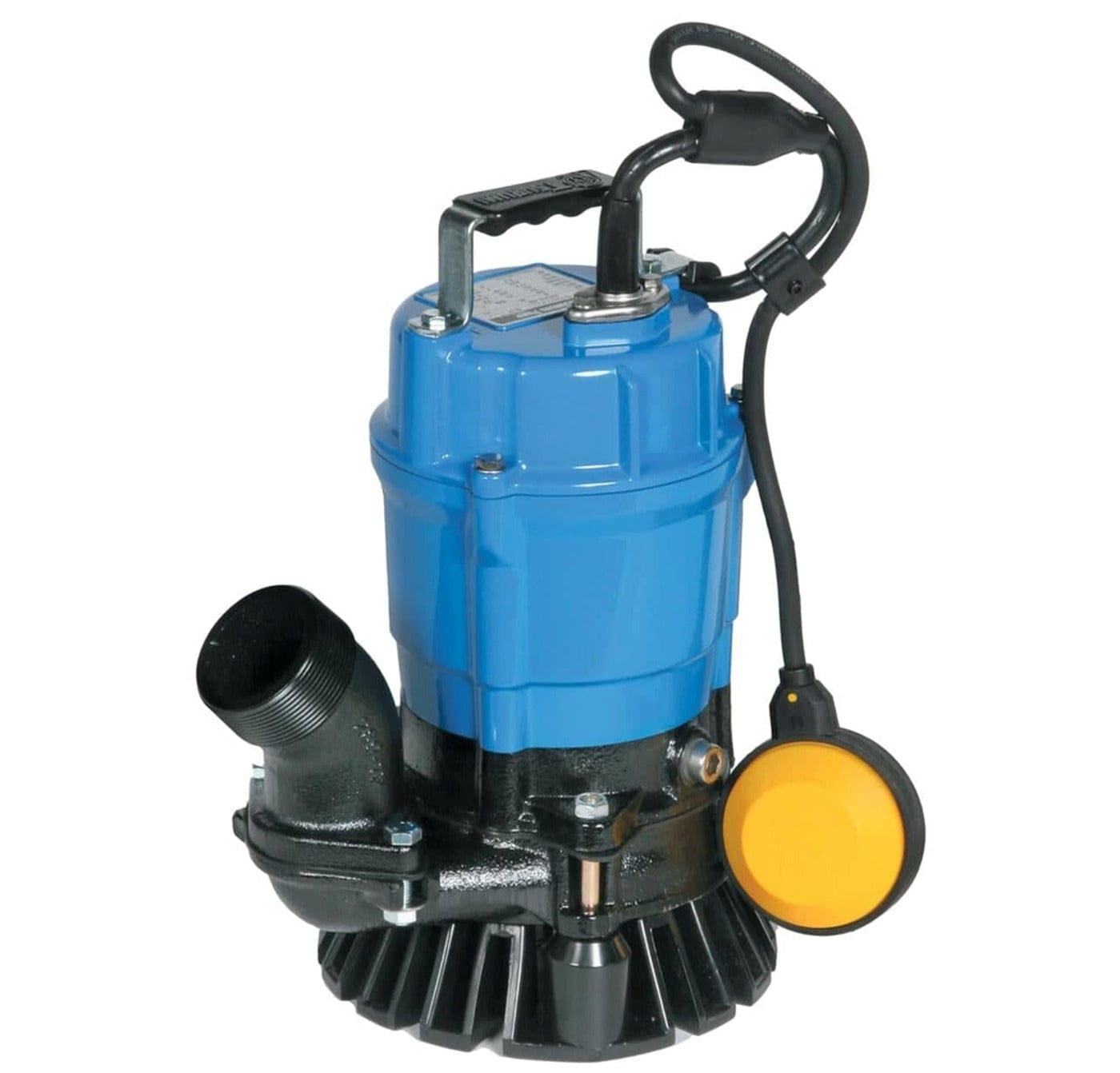 Tsurumi HSZ2.4S 1/2 HP electric submersible dewatering pump featuring a yellow automatic float switch, cast iron housing, and 2-inch discharge for handling water with sand and solids.