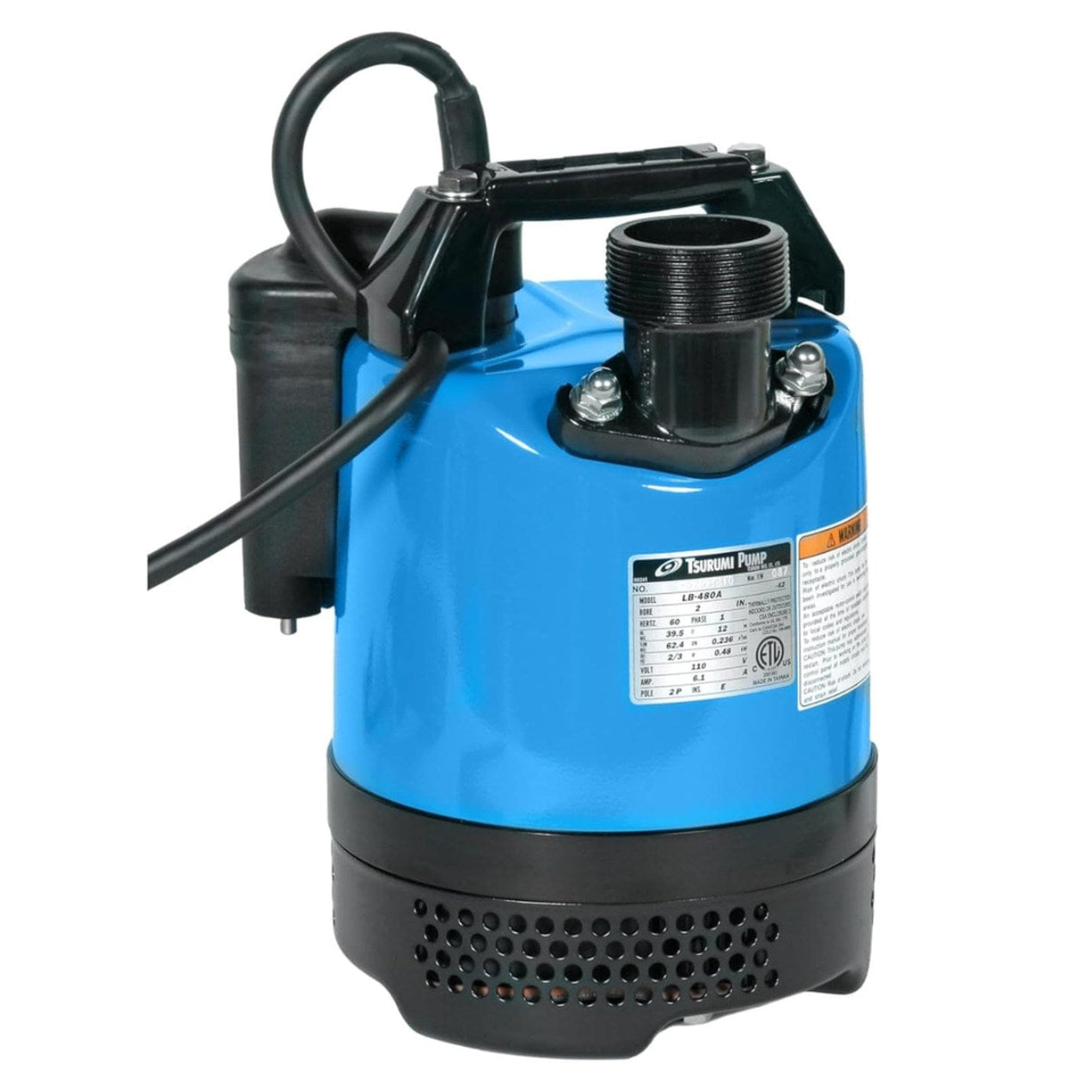 Tsurumi LB-480A automatic electric submersible dewatering pump in blue and black finish, featuring a 2/3 HP motor, 2-inch top discharge, and an integrated electrode relay switch for floatless water level sensing.