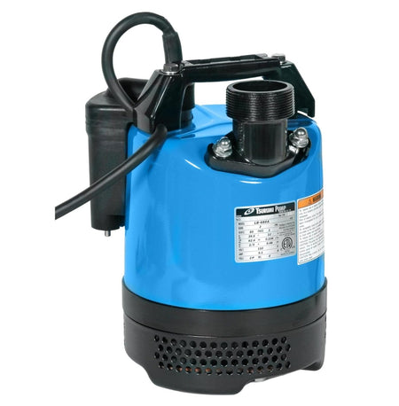Tsurumi LB-480A automatic electric submersible dewatering pump in blue and black finish, featuring a 2/3 HP motor, 2-inch top discharge, and an integrated electrode relay switch for floatless water level sensing.