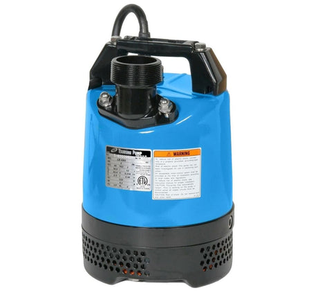 Tsurumi LB-480 manual electric submersible dewatering pump in blue and black finish, featuring a 2/3 HP motor, 2-inch top discharge, and a slimline design for construction and utility pumping.