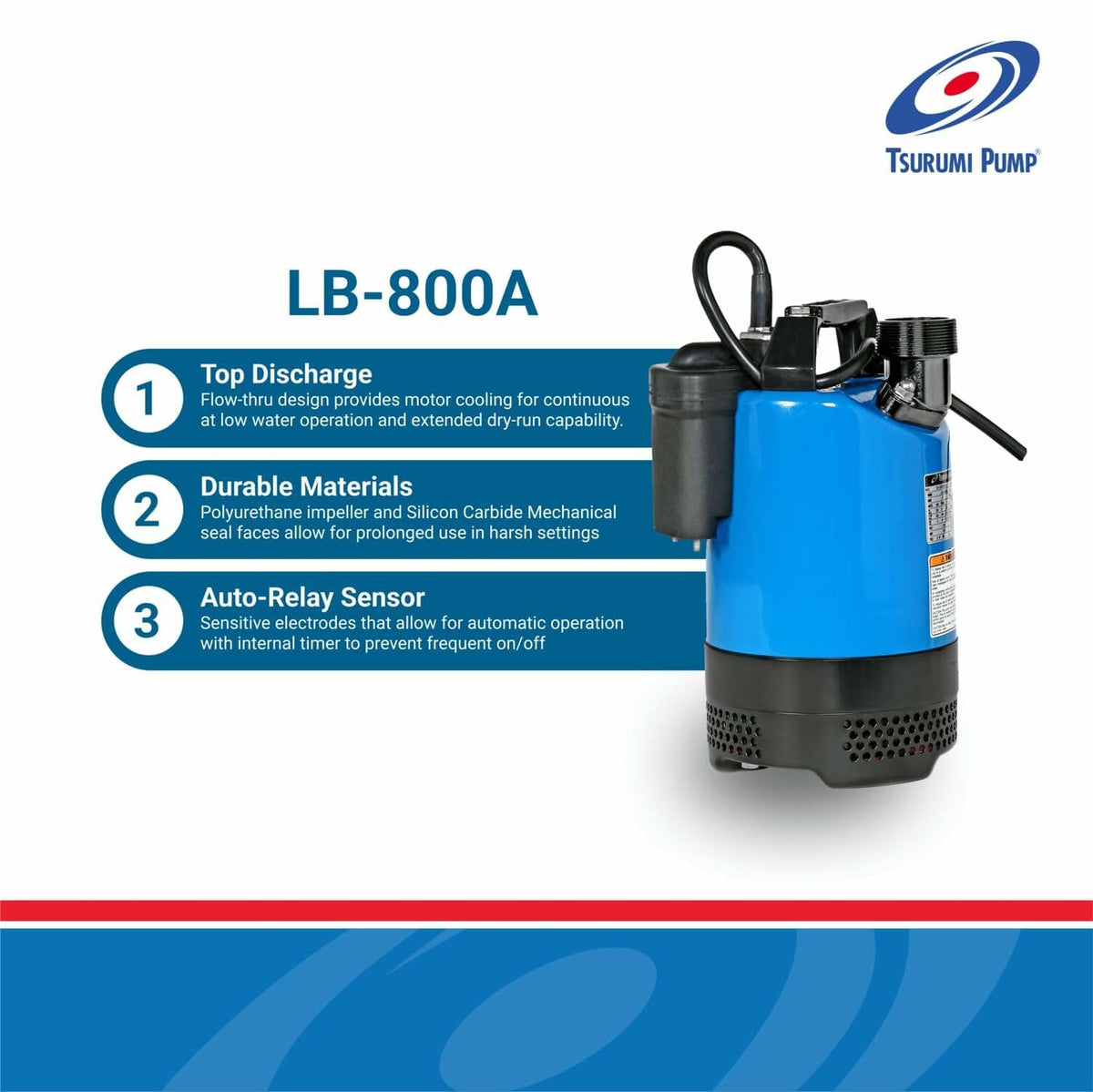 Tsurumi Pump LB-800A Submersible Dewatering Pump with Relay Switch 1 HP 115V 2 inch Discharge for Construction