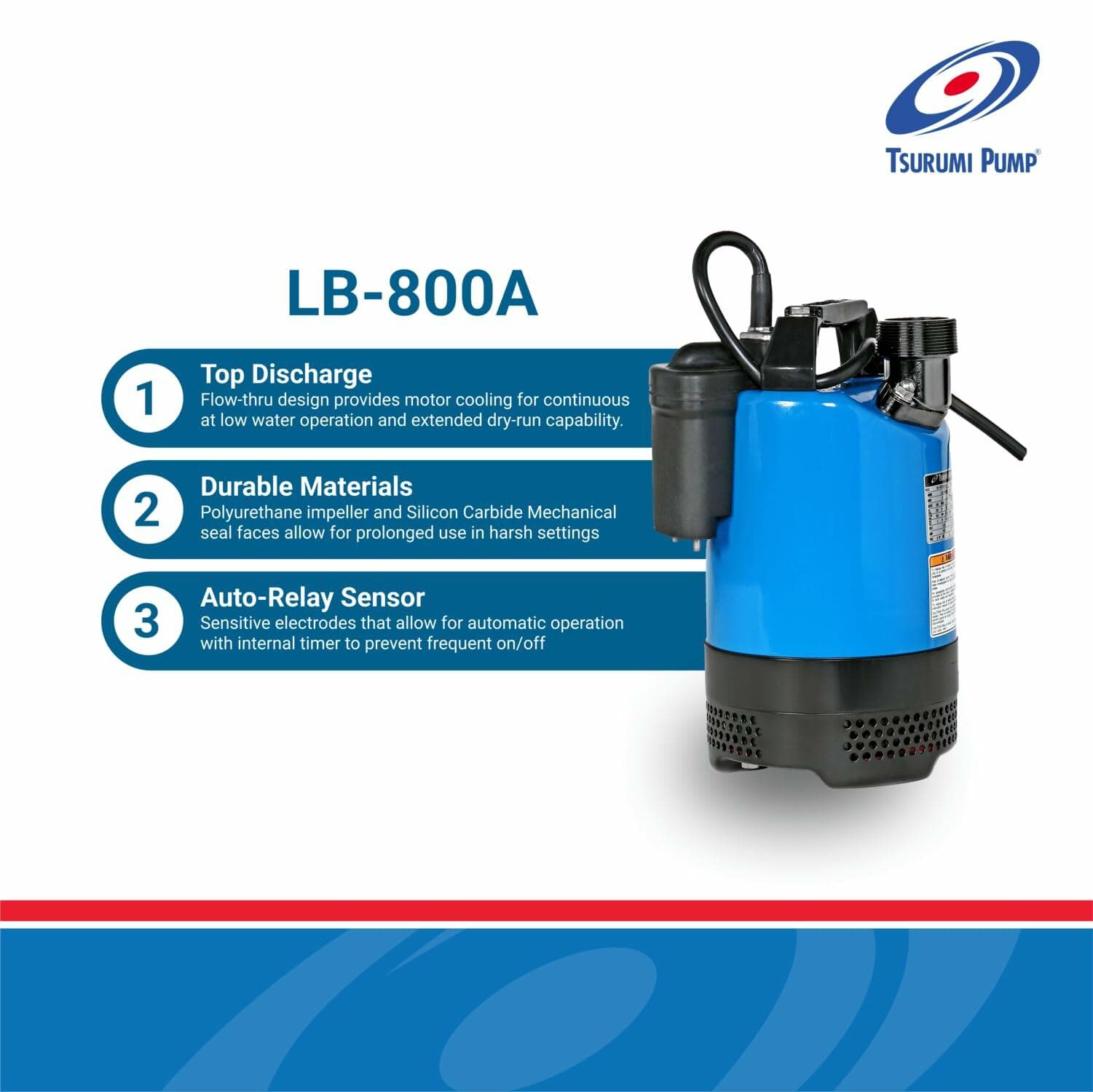 Tsurumi Pump LB-800A Submersible Dewatering Pump with Relay Switch 1 HP 115V 2 inch Discharge for Construction
