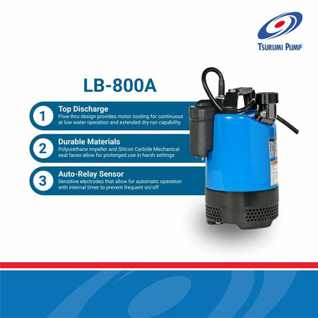 Tsurumi Pump LB-800A Submersible Dewatering Pump with Relay Switch 1 HP 115V 2 inch Discharge for Construction