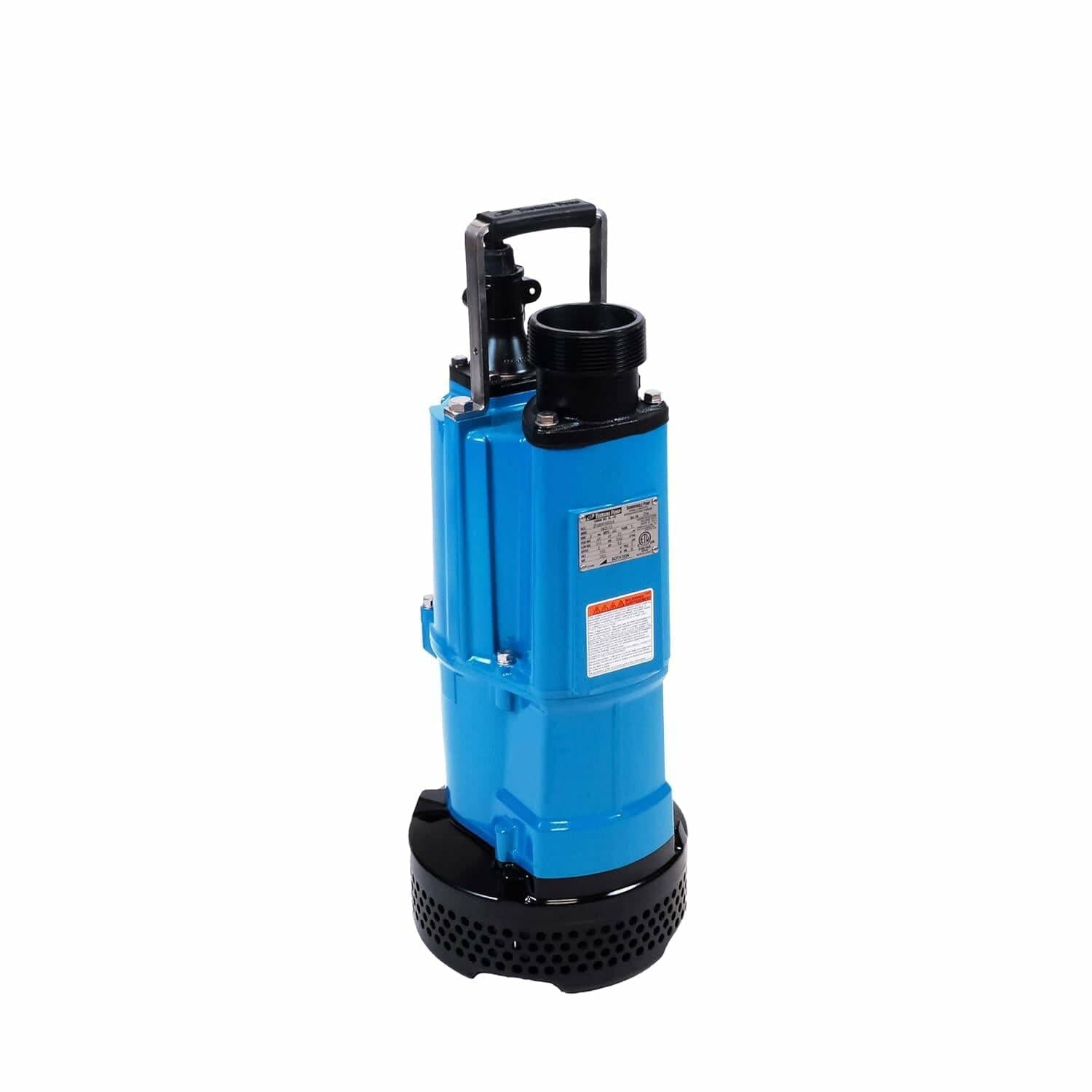 Blue Tsurumi submersible pump with black base and top handle, labeled with safety and spec stickers, designed for water removal in construction or flood settings