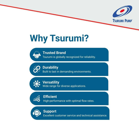 Promotional graphic for Tsurumi Pump listing five benefits: trusted brand, durability, versatility, efficiency, and support, with icons and company logo