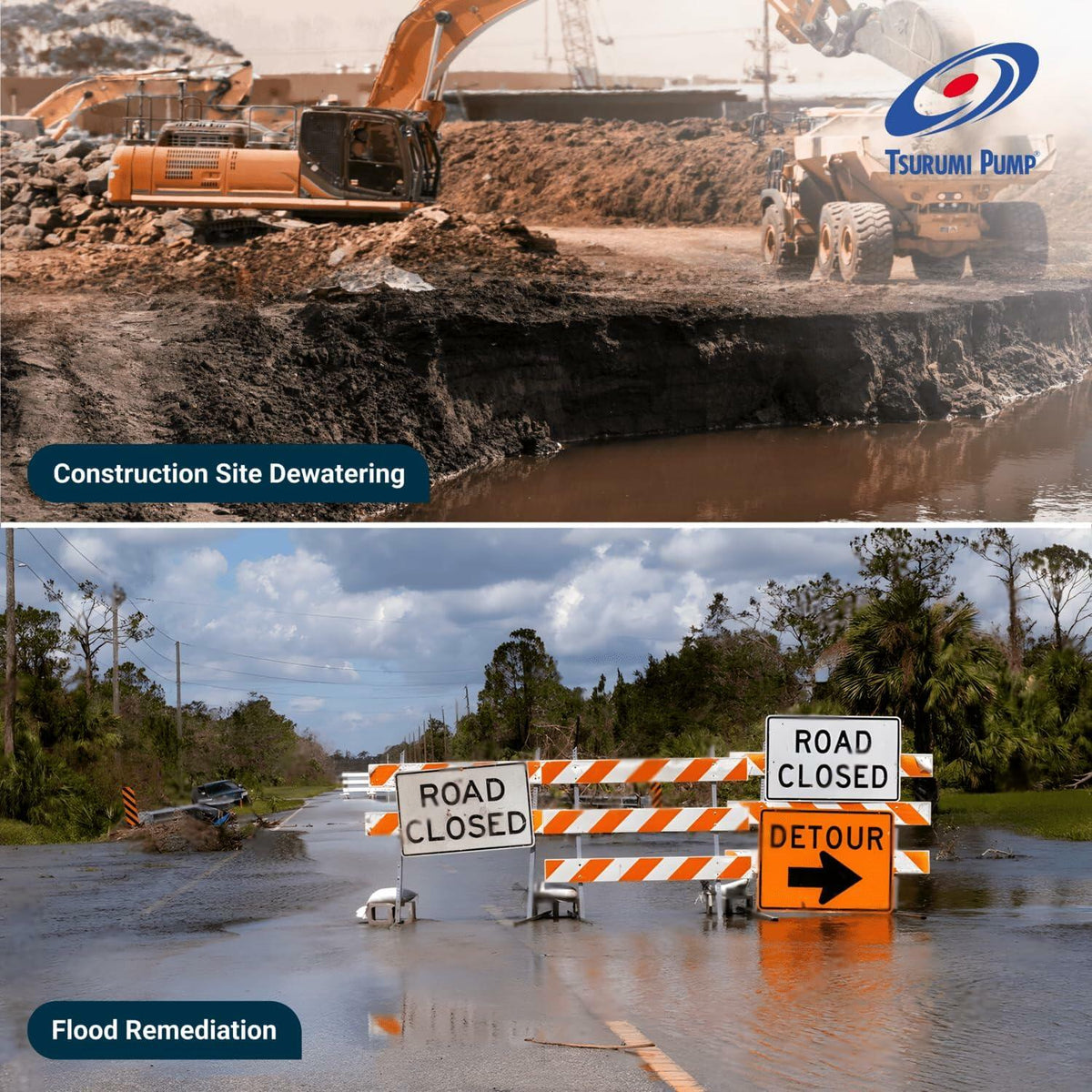 Split image showing construction site dewatering with excavators and a flooded road with detour signs, labeled for flood remediation, featuring Tsurumi Pump branding.